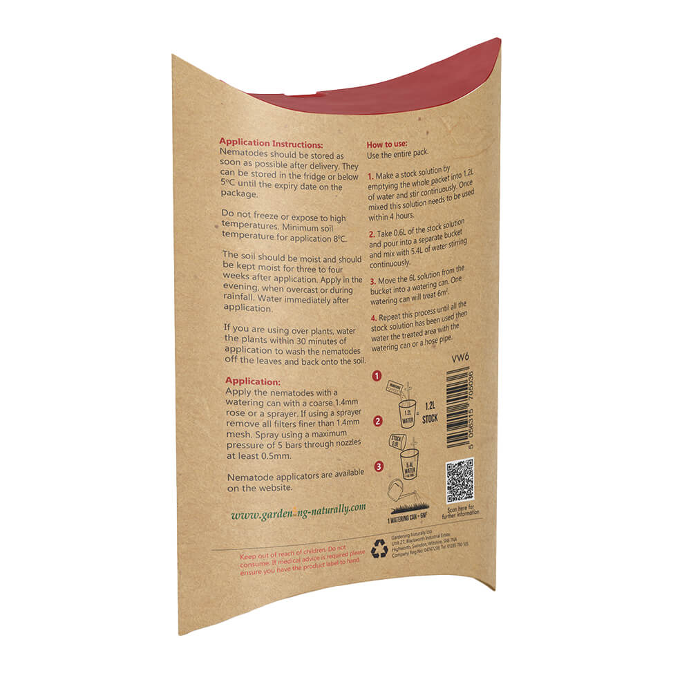 Gardening Naturally Vine Weevil Nematodes Pouch showing instructions for use
