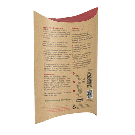 Gardening Naturally Vine Weevil Nematodes Pouch showing instructions for use