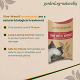 Package of Vine Weevil Nematodes with product details on a beige background