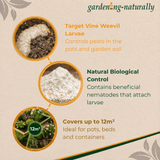 Product packaging for 'growing naturally' pest control with text on benefits and uses.