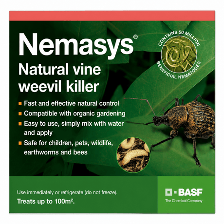 Nemasys natural vine weevil killer packaging with a weevil and leaf on a green background.