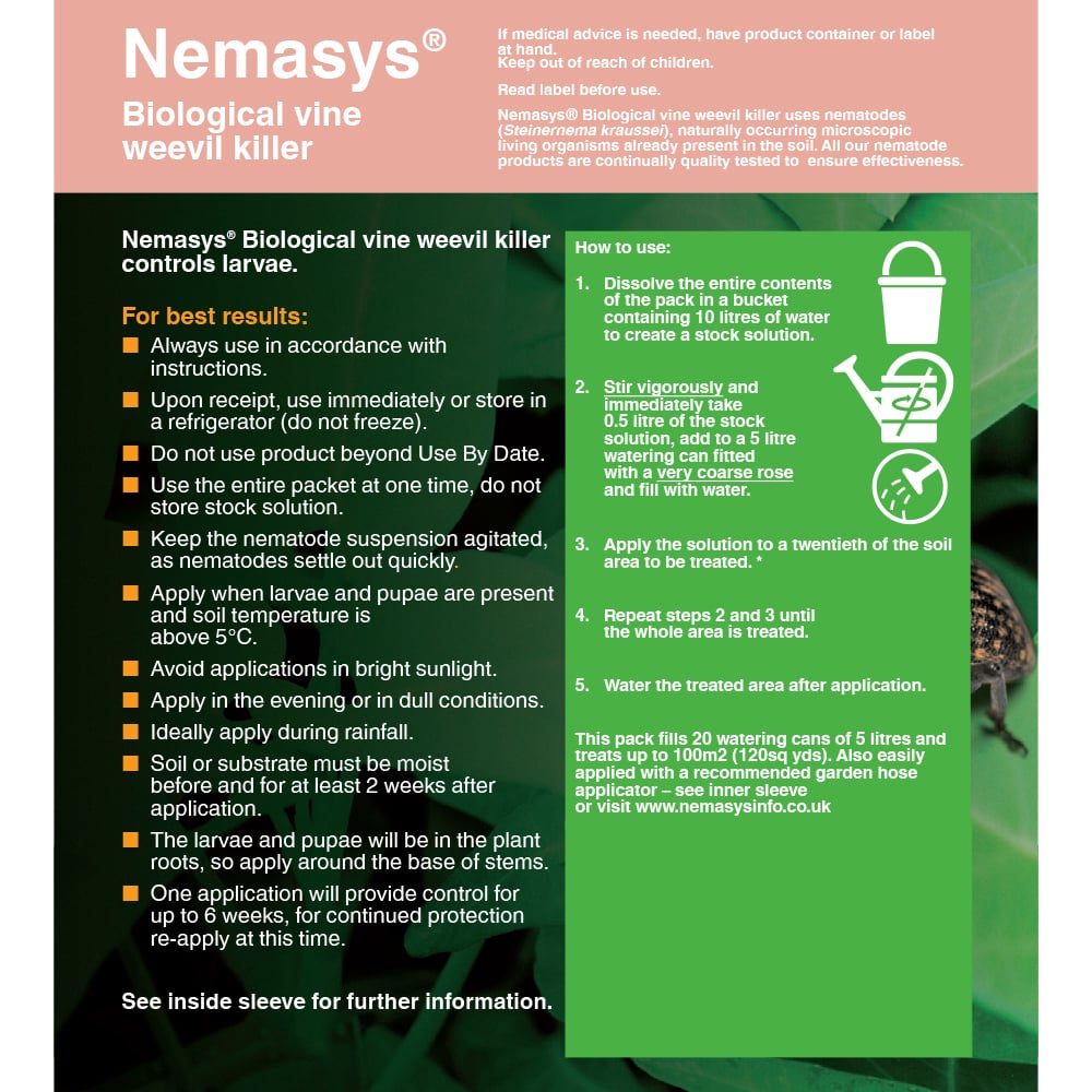 Back of the Nemasys nematode pack showing instructions 100m²
