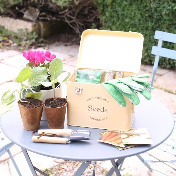 Seed storage tin on bistro table in garden with plants