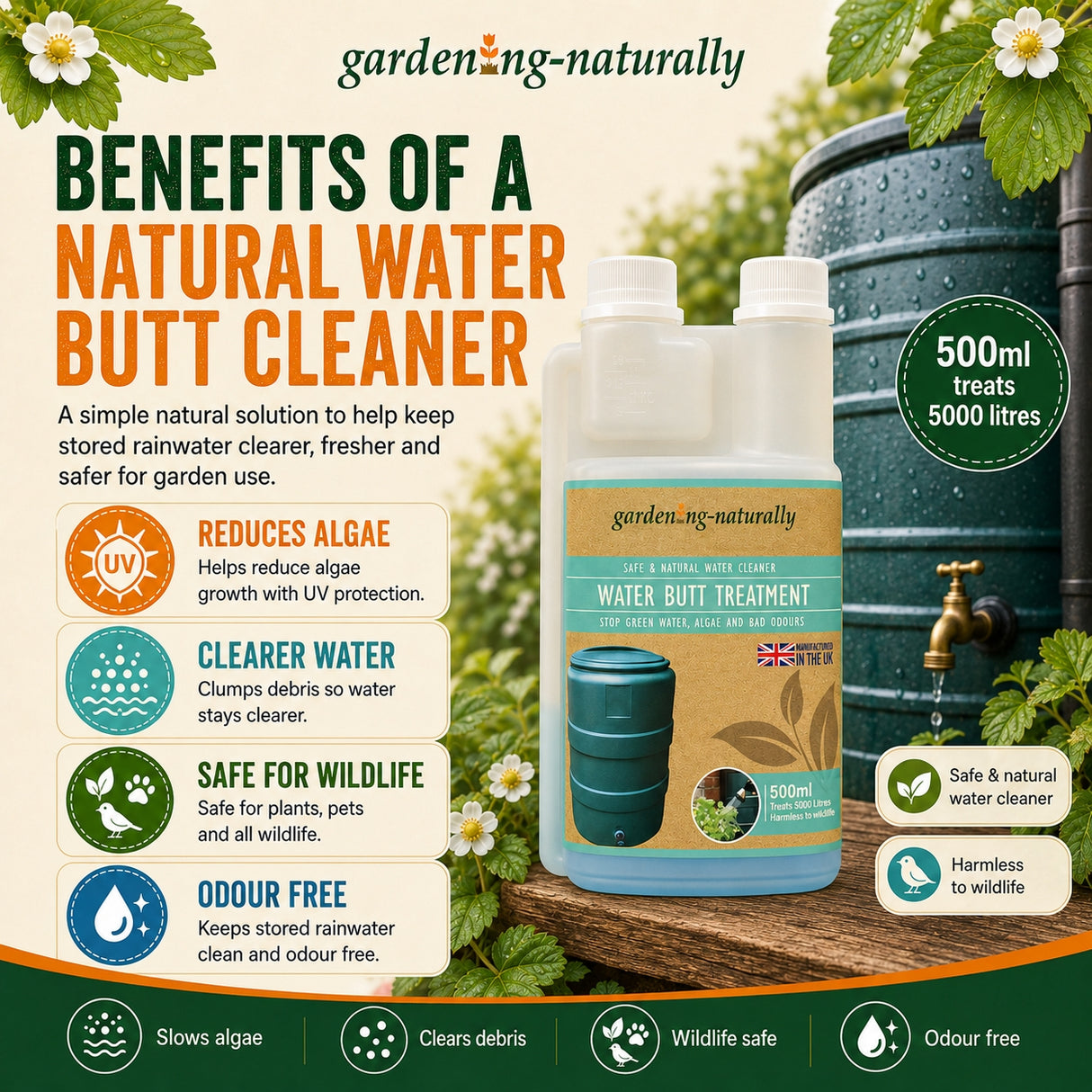 water butt natural water cleaner highlighting the features of the product