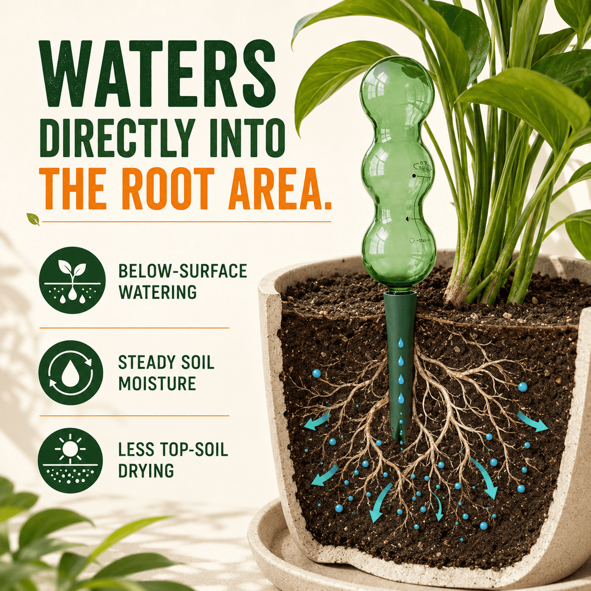 A green glass self-watering plant stake inserted into a potted plant, shown with marketing text and icons explaining below-surface watering and soil moisture monitoring.