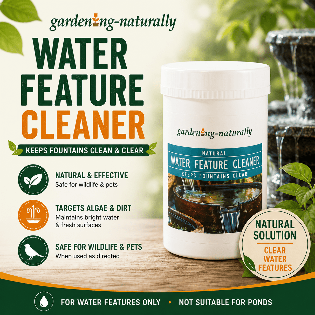 Gardening-Naturally water feature cleaner container with product details on a natural background