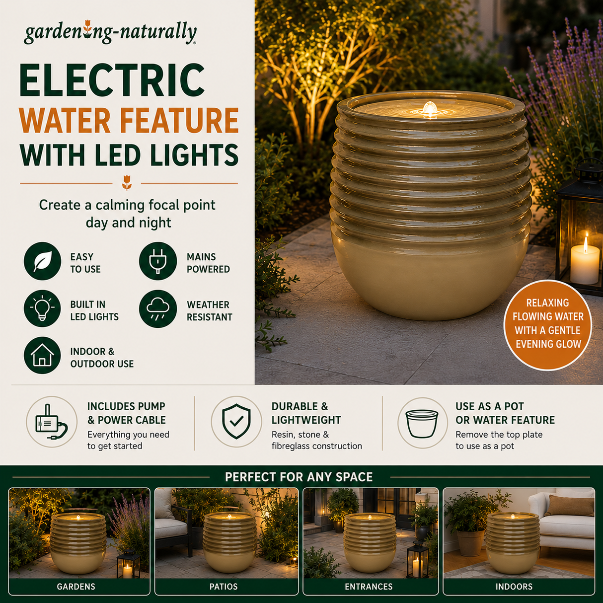 Electric water feature with LED lights in a pot, shown outdoors.