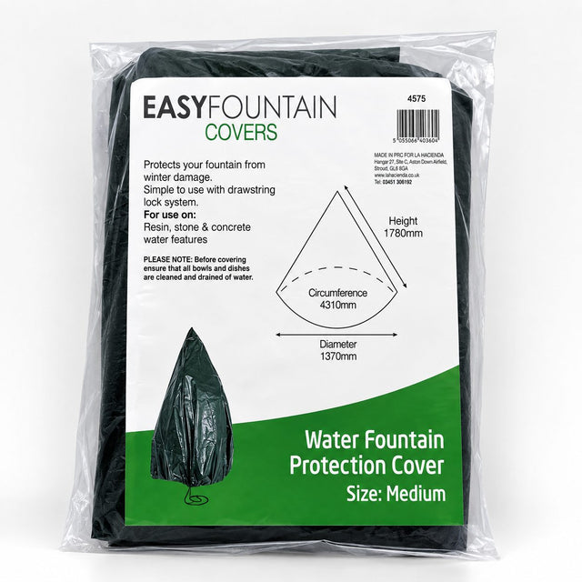 A packaged black plastic water fountain protection cover with a large white front label showing product details, dimensions, and usage information.