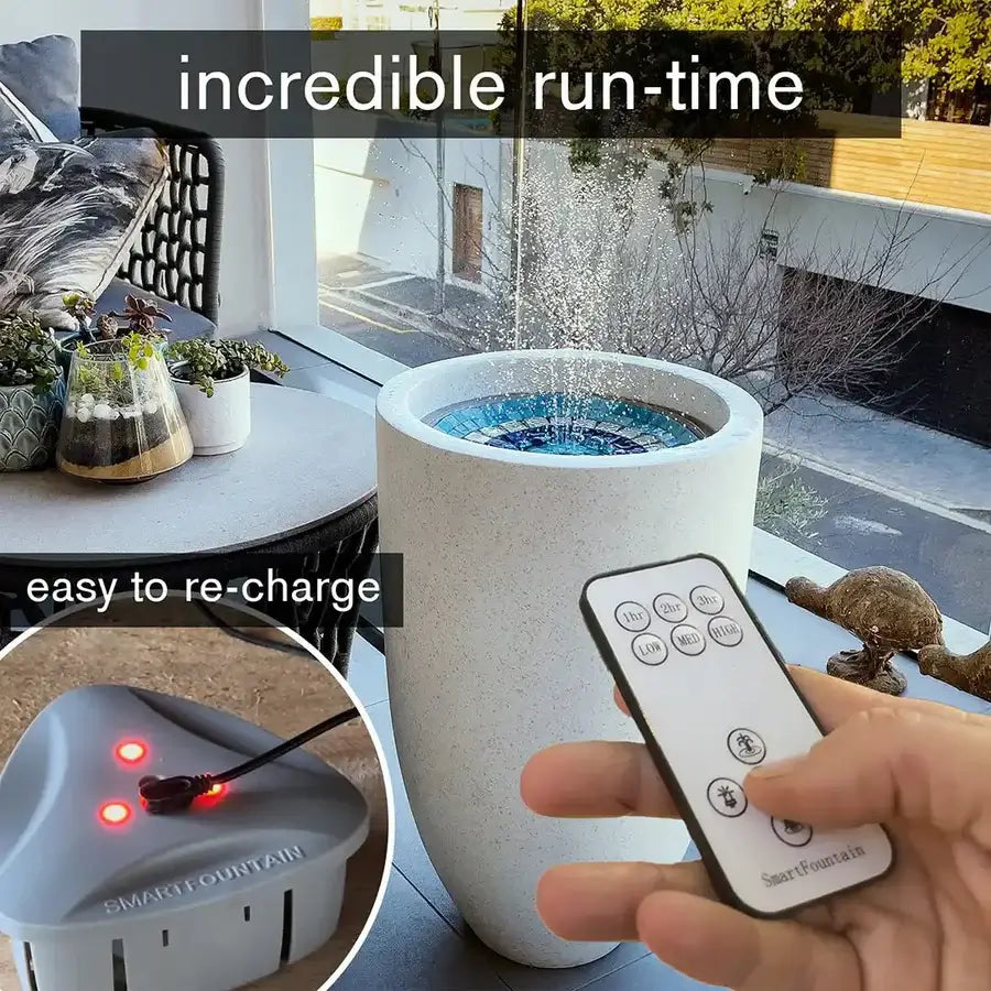 Outdoor fountain with remote control, text indicating 'incredible run-time' and 'easy to recharge'.