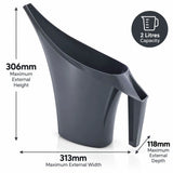A dark gray plastic high-arch garden hose nozzel or watering can with dimension annotations showing a maximum external height of 306mm, width of 313mm, and depth of 118mm, alongside a 2 litres capacity badge on a white background.