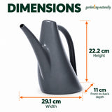 A dark gray watering can with overlaid dimension labels showing height of 22.2 cm, width of 29.