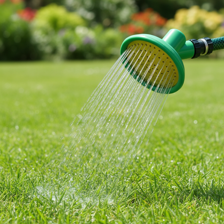 Green garden hose nozzle spraying water from coarse rose