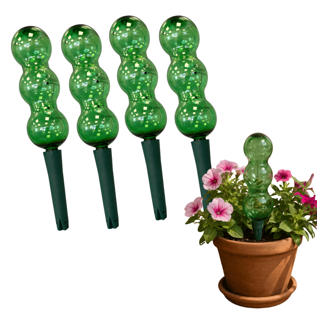 Set of five green garden lights with a potted plant and flowers on a white background