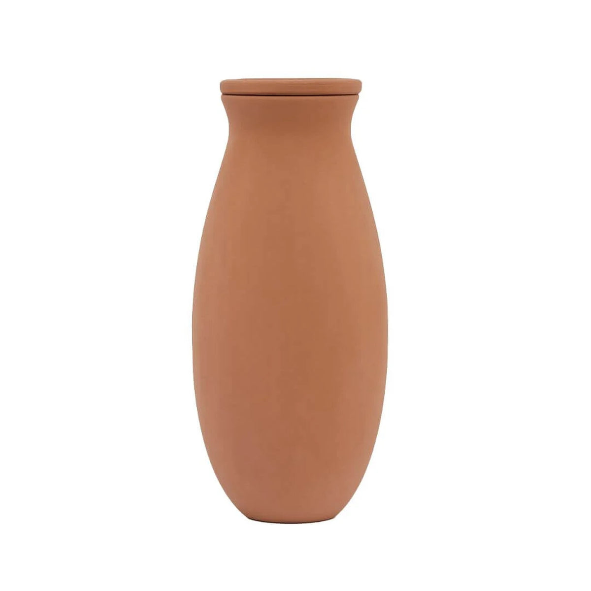A minimalist terracotta clay vase with a matching lid, shown against a solid white background.