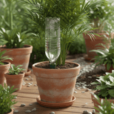 Potted plant with a plastic bottle used as a watering system on a wooden deck.