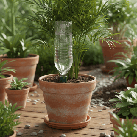 Potted plant with a plastic bottle used as a watering system on a wooden deck.
