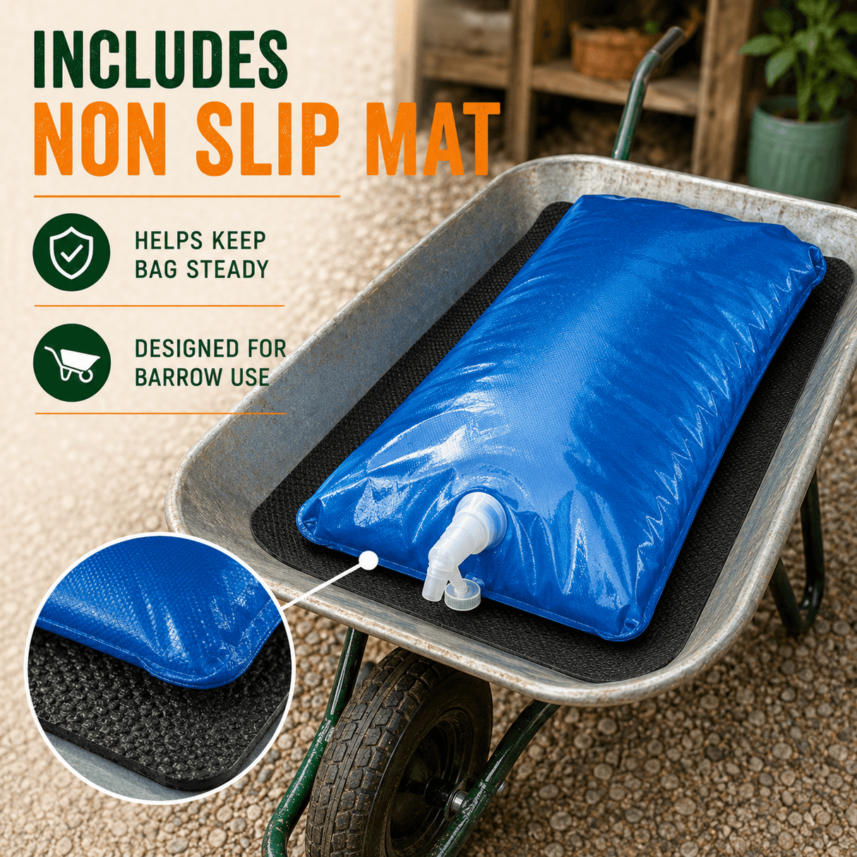 A bluee non-slip storage bag placed in a metal wheelbarrow on a gravel patio, with promotional text on the left reading 'INCLUDES NON SLIP MAT' and a circular inset showing the mat texture.