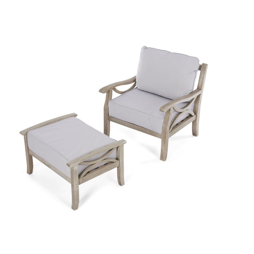 grey wash wooden chair and footrest with white fabric cushions