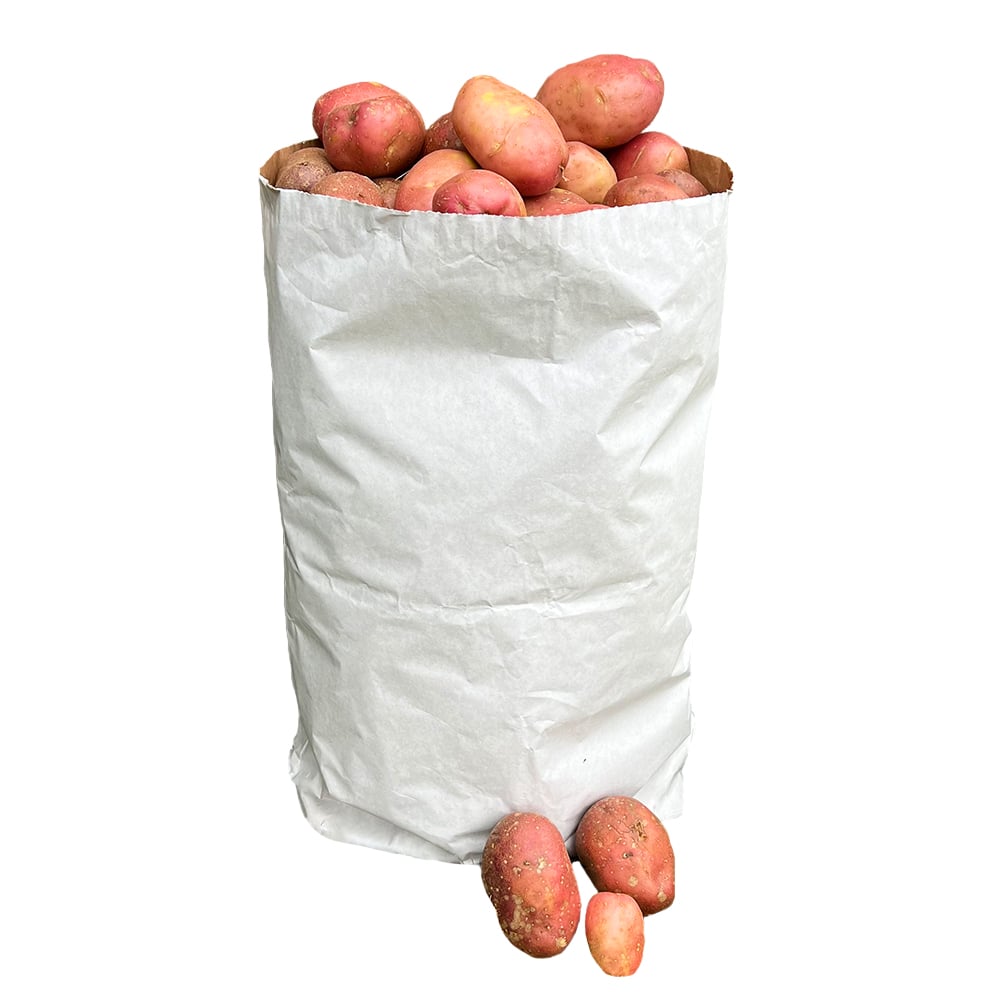 A white paper potato sack filled with red potatoes, placed on plain background