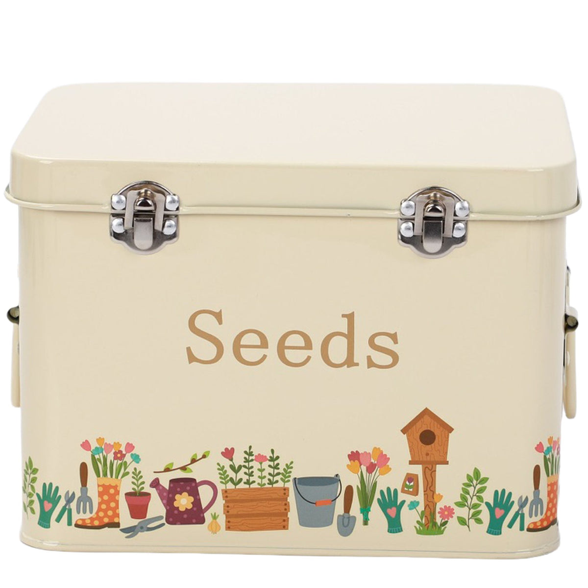 Cream-colored metal seed storage tin with 'Seeds' printed on the front, decorated with a colorful border of gardening tools and plants along the bottom edge.