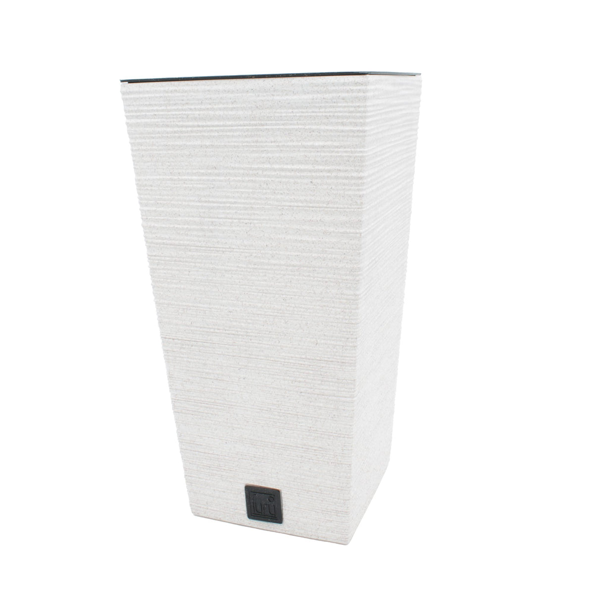 A tall, rectangular white textured planter with a black top rim and a small black power label near the base, shown on a plain white background.