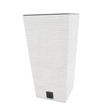 A tall, rectangular white textured planter with a black top rim and a small black power label near the base, shown on a plain white background.