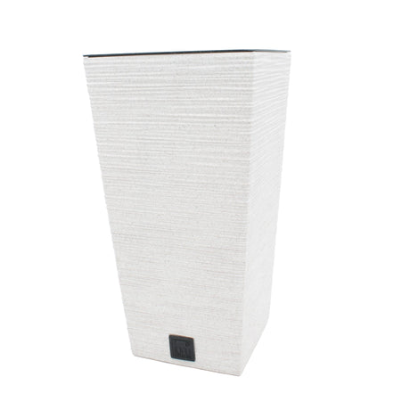 A tall, rectangular white textured planter with a black top rim and a small black power label near the base, shown on a plain white background.