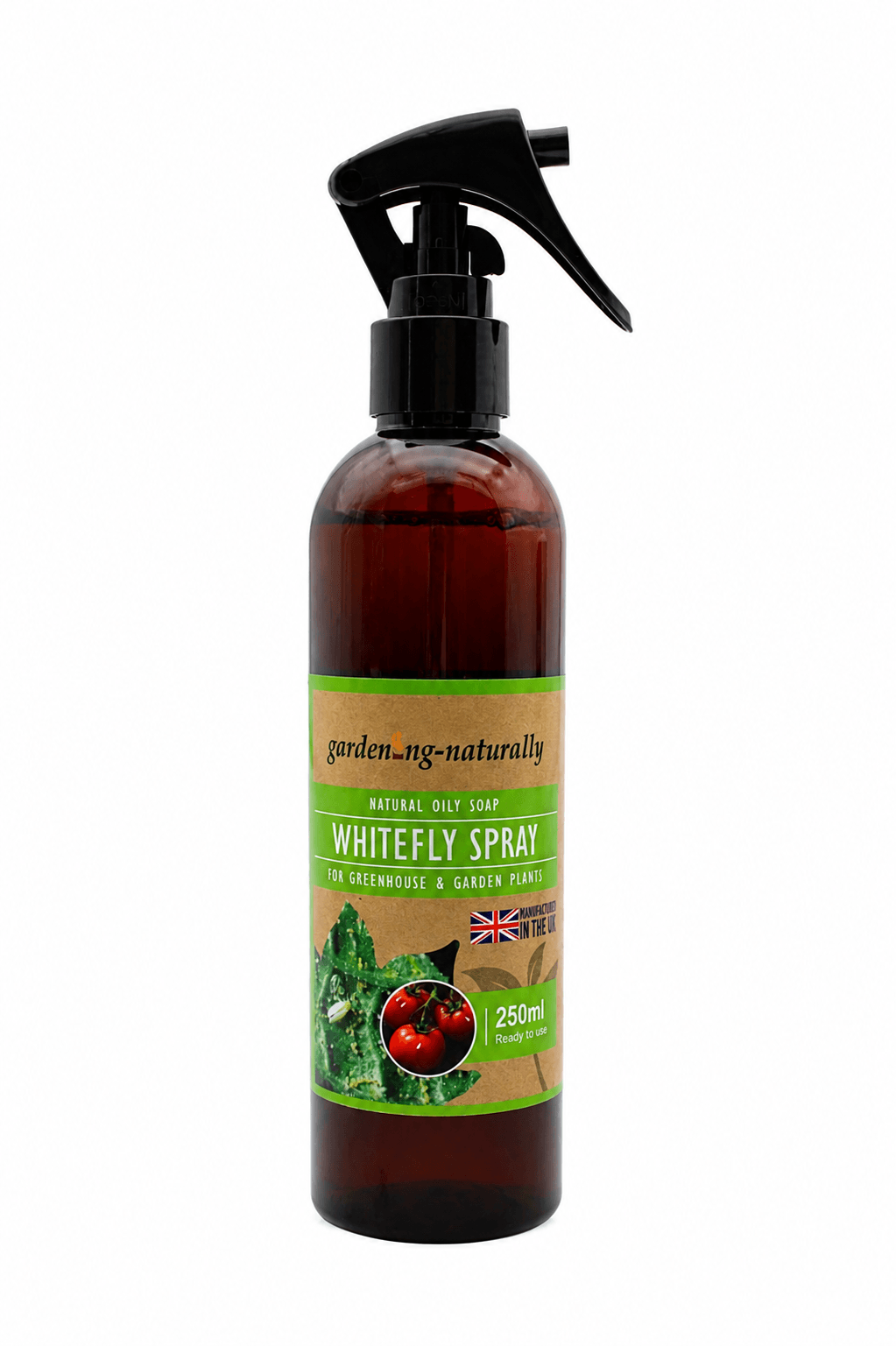 A 250ml amber glass spray bottle of garden-ng-naturally Whitefly Spray with a black trigger sprayer and a green and brown label, shown on a plain white background.
