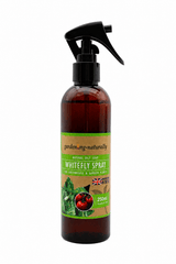 A 250ml amber glass spray bottle of garden-ng-naturally Whitefly Spray with a black trigger sprayer and a green and brown label, shown on a plain white background.