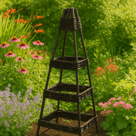 Wicker garden trellis in a garden with flowers