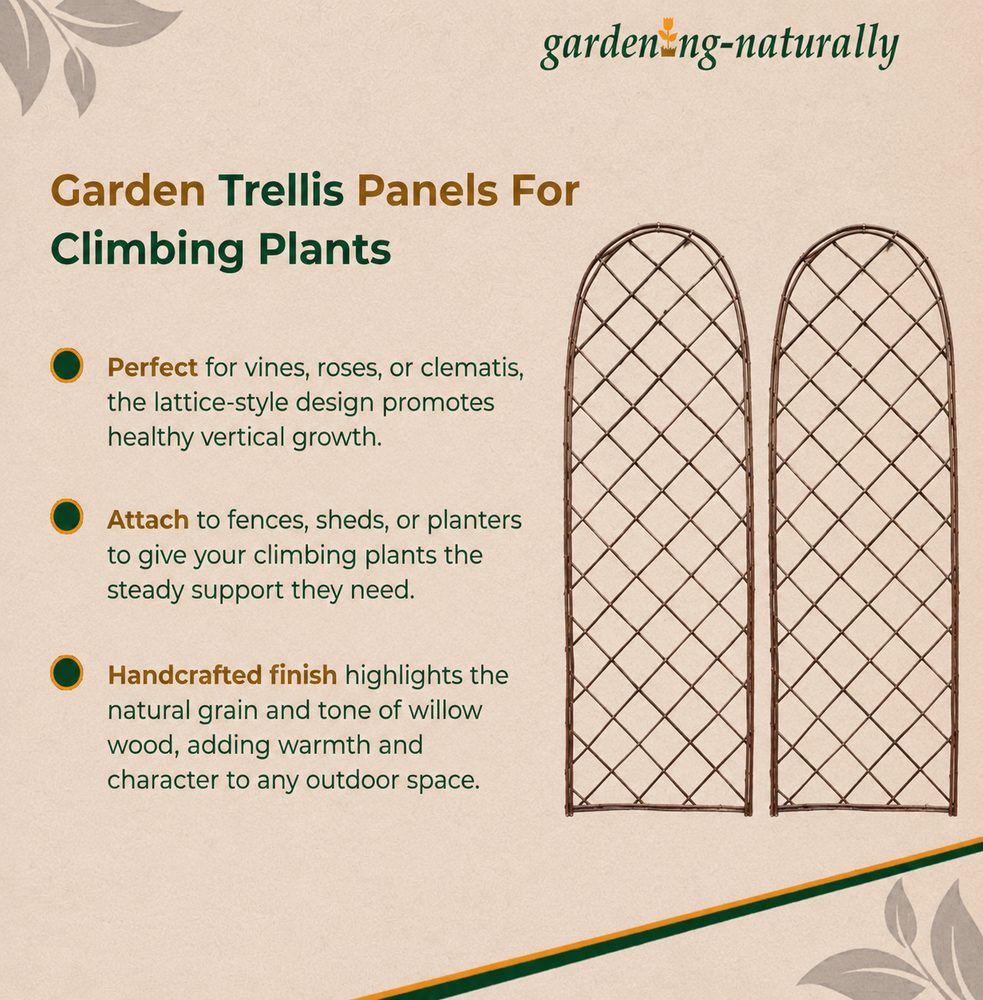 Garden trellis panels for climbing plants with text on a beige background