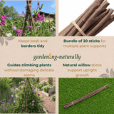 Garden support sticks with text describing their use and benefits, set against a natural garden background.