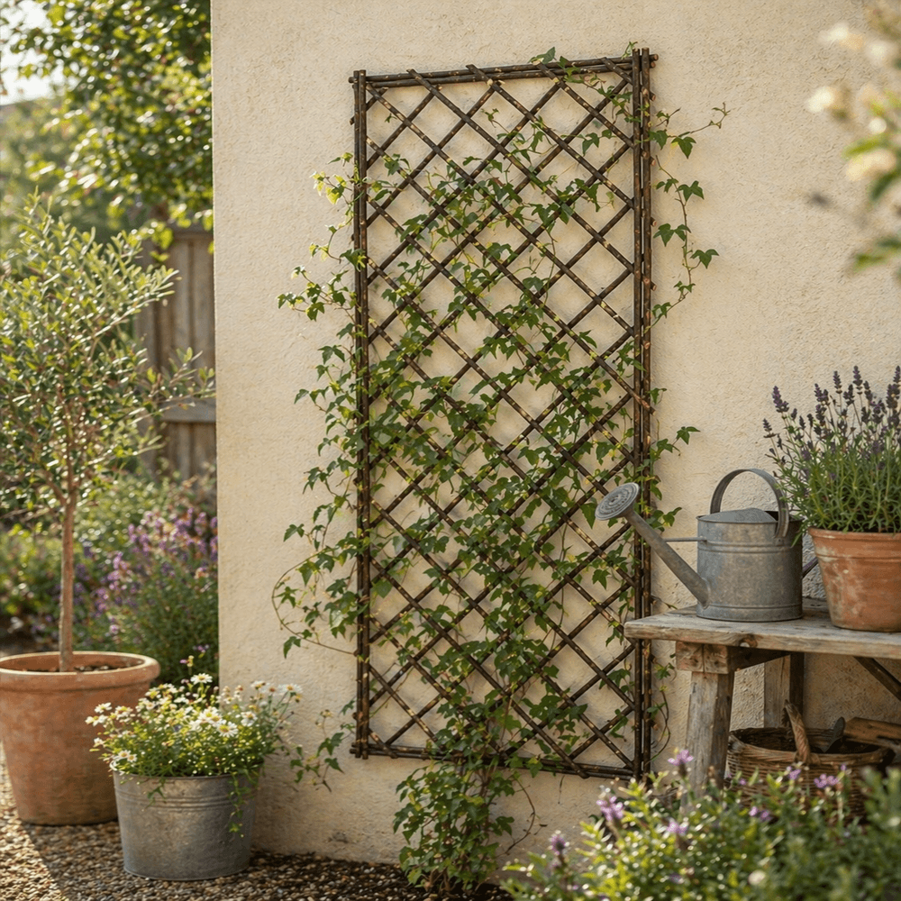 Garden scene with a trellis covered in climbing plants, pots of flowers, and a watering can.