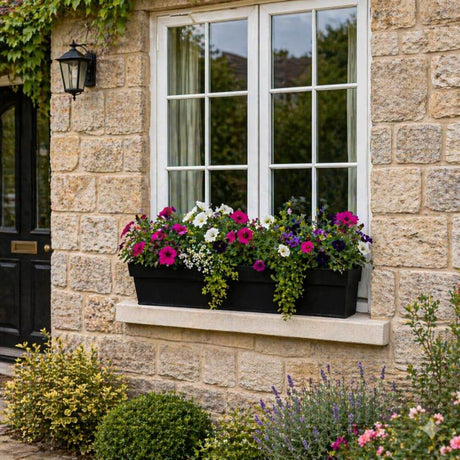 Floral window box on a stone building with a black lantern and garden plants.