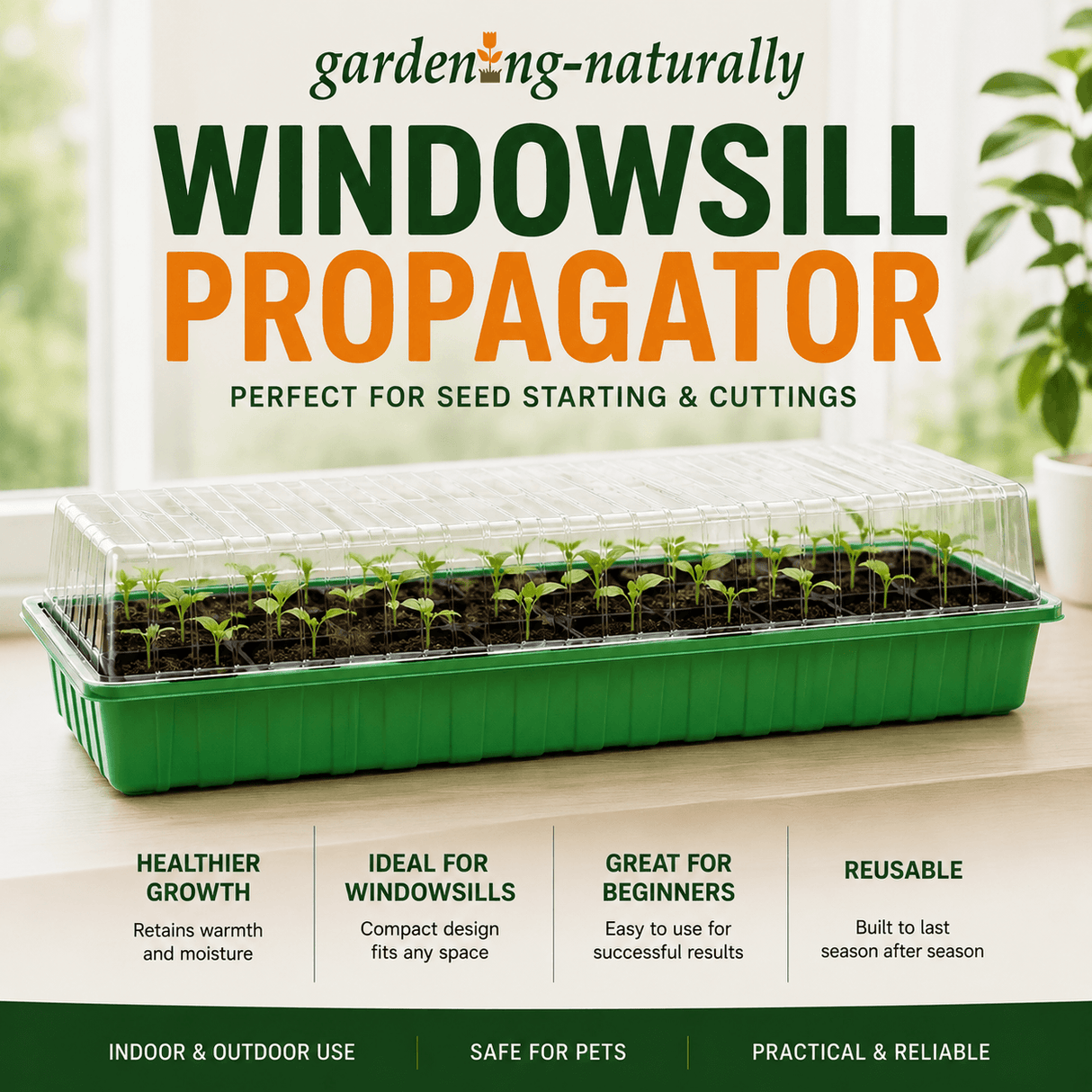 Green windowsill propagator with seedlings on a light surface, featuring text about its uses.