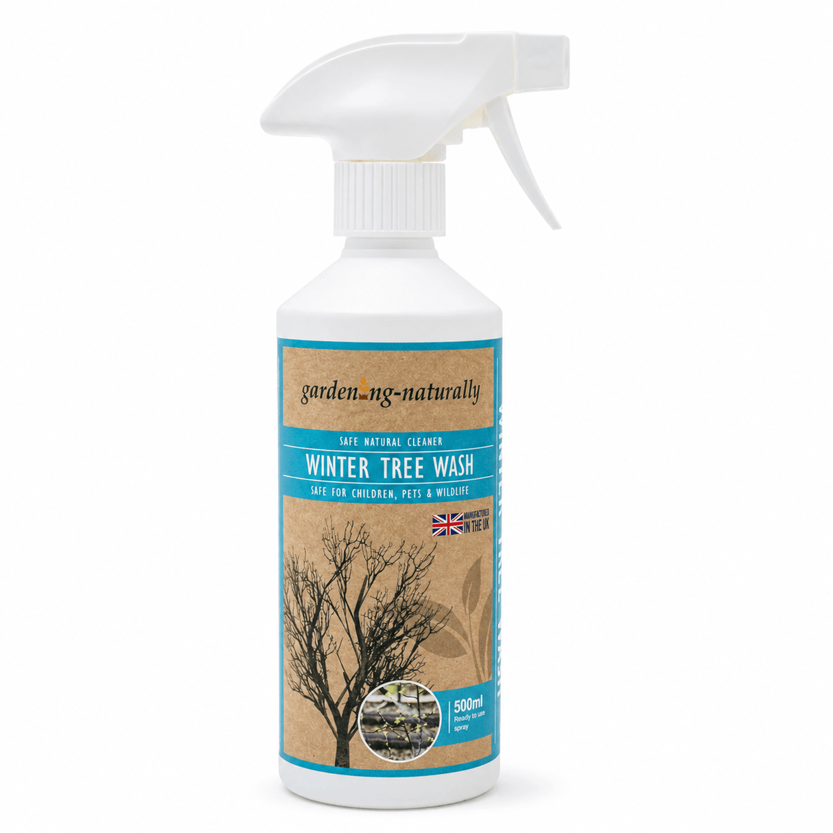A white plastic spray bottle of gardening naturally Winter Tree Wash with a white trigger sprayer and a brown and blue label, shown on a clean white background.