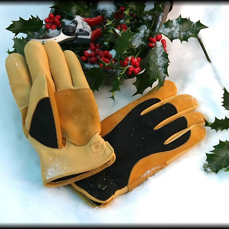 A pair of gloves resting on a holly bush covered in snow, creating a serene winter scene.