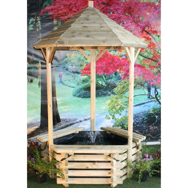 wooden wishing well fountain with a garden background