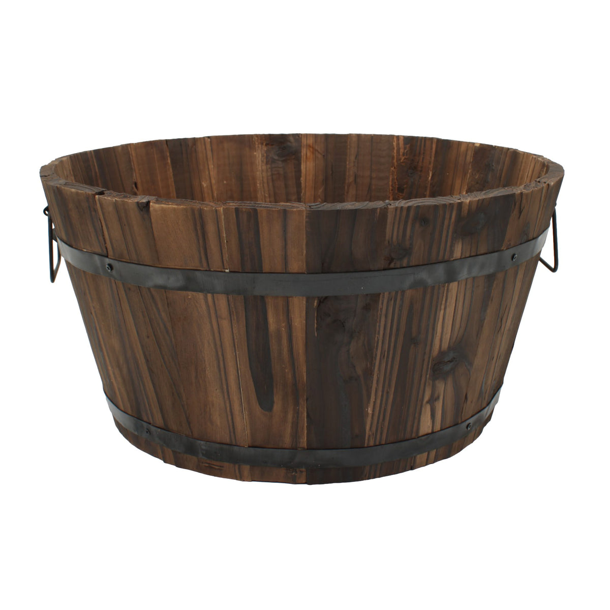 A rustic wooden bucket with dark brown stained planks and black metal bands, shown on a plain white background.