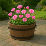 Wooden Barrel with pink flowers