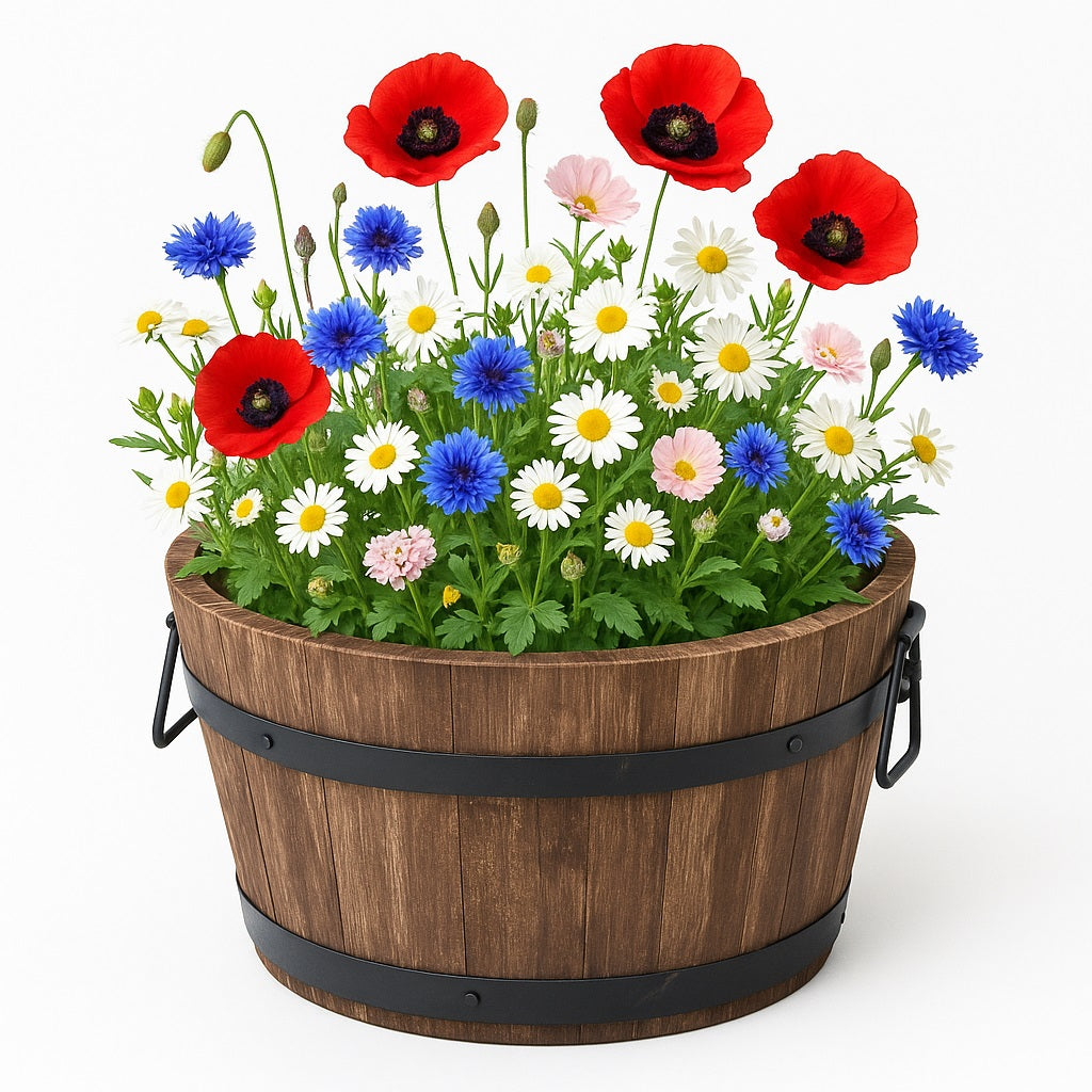 Wooden barrel for plants with poppys