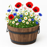 Wooden barrel for plants with poppys