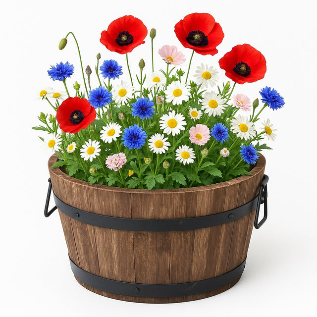 Wooden barrel for plants with poppys