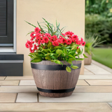 wooden barrel with flowers