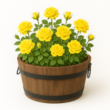 Wooden Barrel for plants with yellow flowers