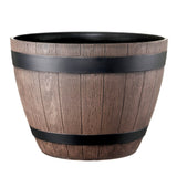 Wooden-patterned planter with black bands on a white background