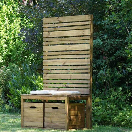 wooden storage bench on grass