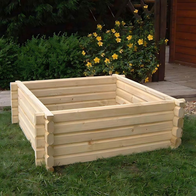 wooden square planter in garden