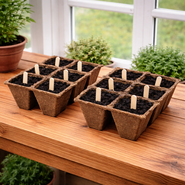tiny plant labels in wood fibre planting cells on wooden bench
