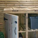 recycling bin box storage with wooden shelving for keeping garden areas tidy